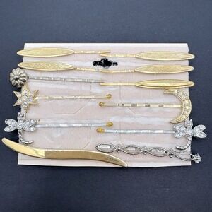 Vintage‎ Rhinestone Celestial Star Moon Dragonfly Assorted Hair Bobby Pins 12pc